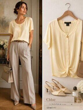 Tristan & Iseut 100% Silk Butter Cream Button Front Blouse Top L Quiet Luxury